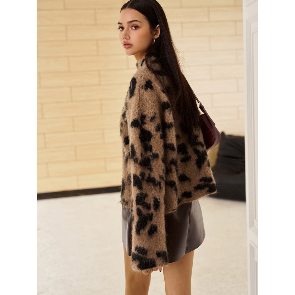 Commense Leopard Print Mock Neck Sweater Fuzzy Knit Pullover Chic Cozy Top - Picture 4 of 11